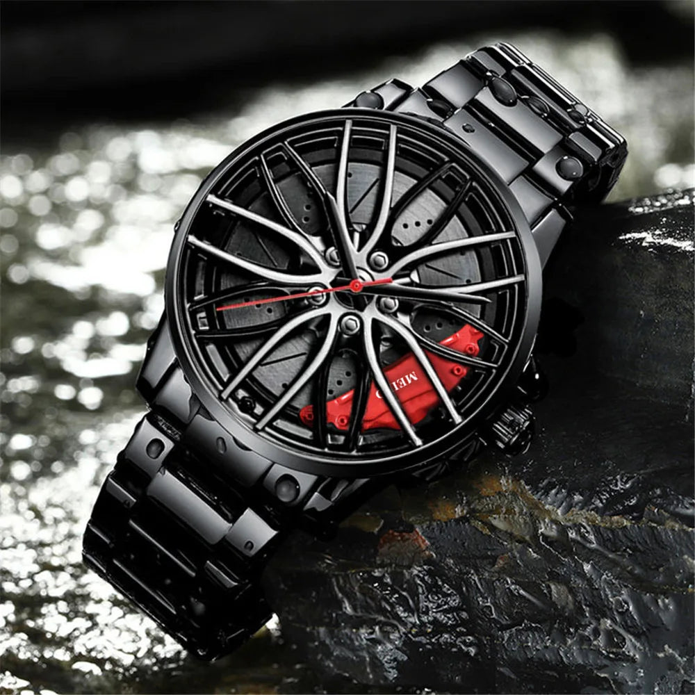 New Fashion Men Leather Watches Men Car Wheel Hub Stainless Steel Quartz Watch For Mens Military Sports Watch Relogio Masculino