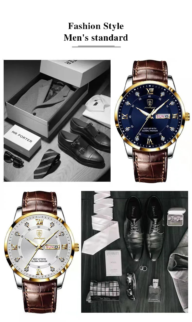 POEDAGAR Original High Quality Men Watch Waterproof Luminous Leather Sports Man Wristwatch Quartz Stylish Casual Watches For Men