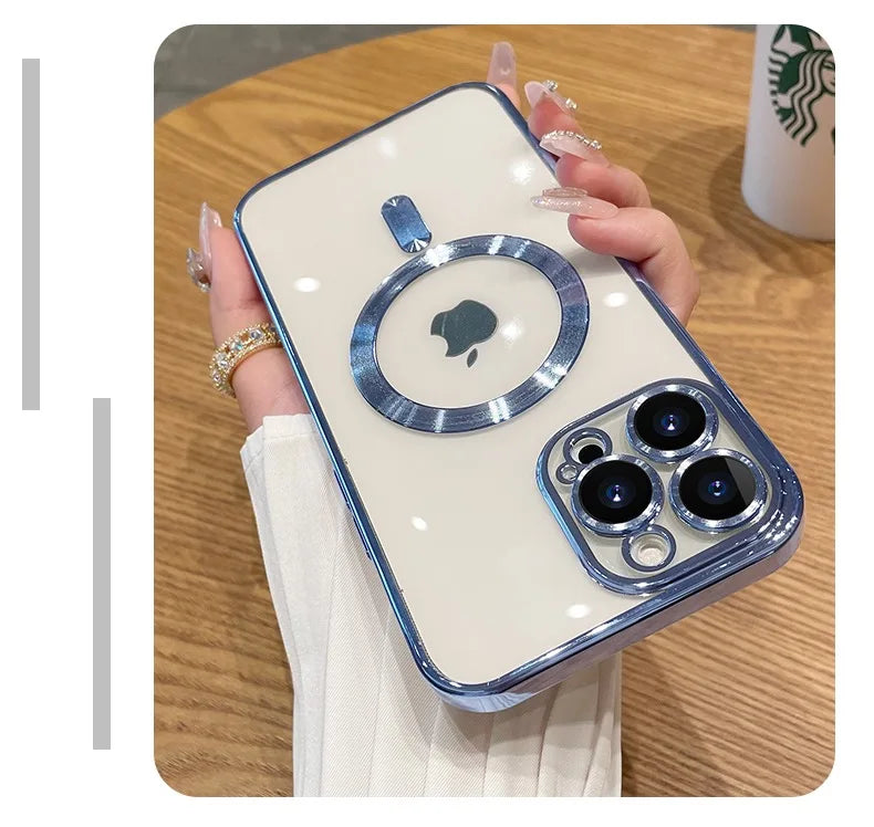 Luxury Plating For Magsafe Case For iPhone 16 15 14 13 12 11 Pro Max Wireless Charge Magnetic Cover With Camera Lens Protector