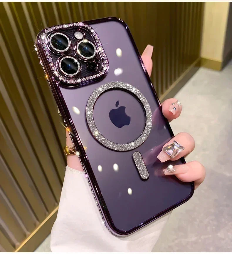 New Fashion Glitter Diamond Transparent Case For iPhone 17 16 15 14 13 11 12 Pro Max Funda Magnetic Wireless Charge Bumper Cover