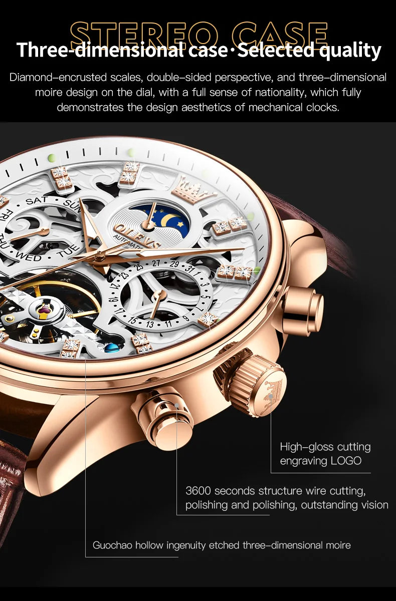 OLEVS 6658 Mens Watch Business Leather Strap Reloj  Hollow out Mechanical Automatic Wristwatch Waterproof Luminous Watch For Man
