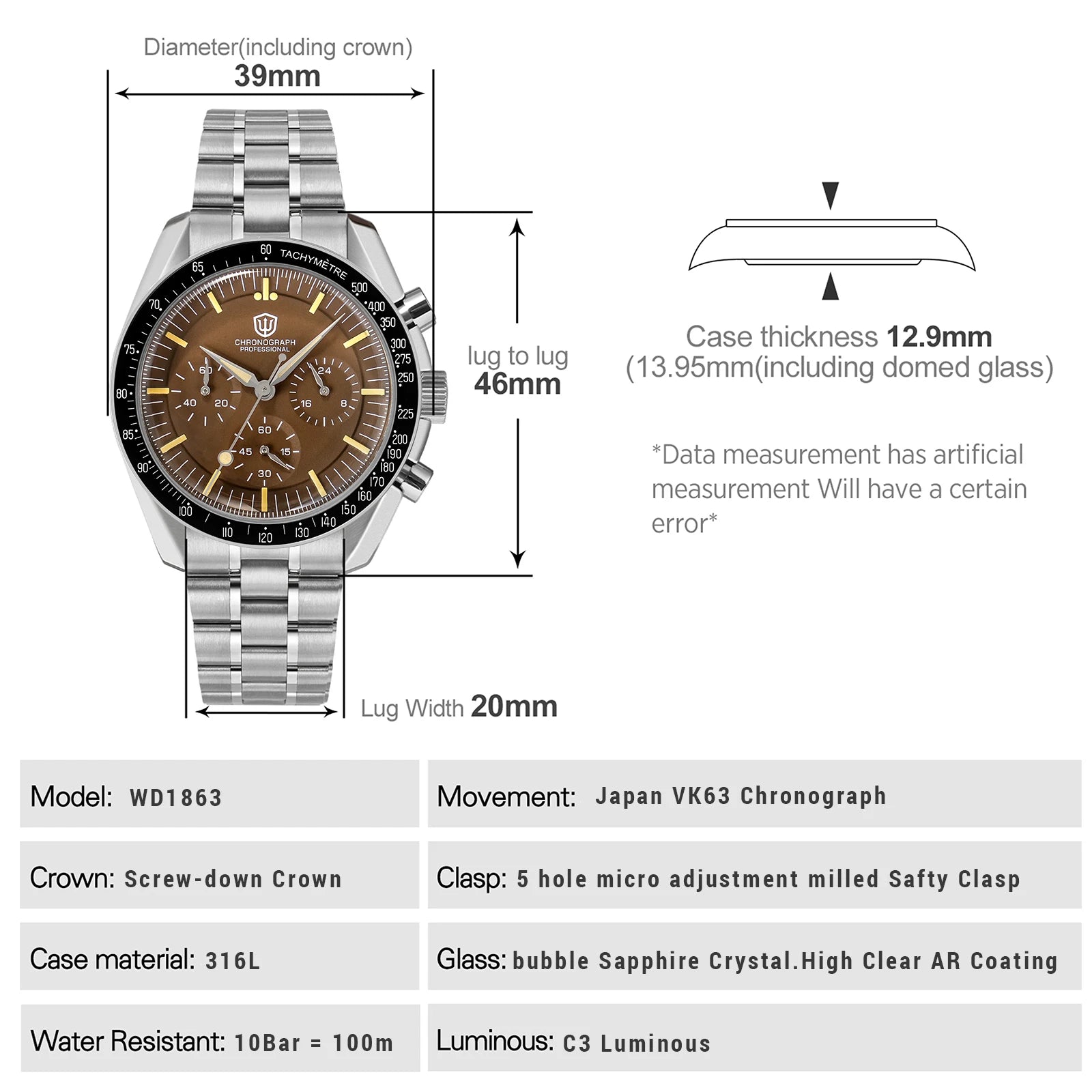 Watchdives WD1863 Quartz Watch VK63 Chronograph Movement Bubble Sapphire Crystal 10Bar Waterproof Luminous 39mm Vintage Watches
