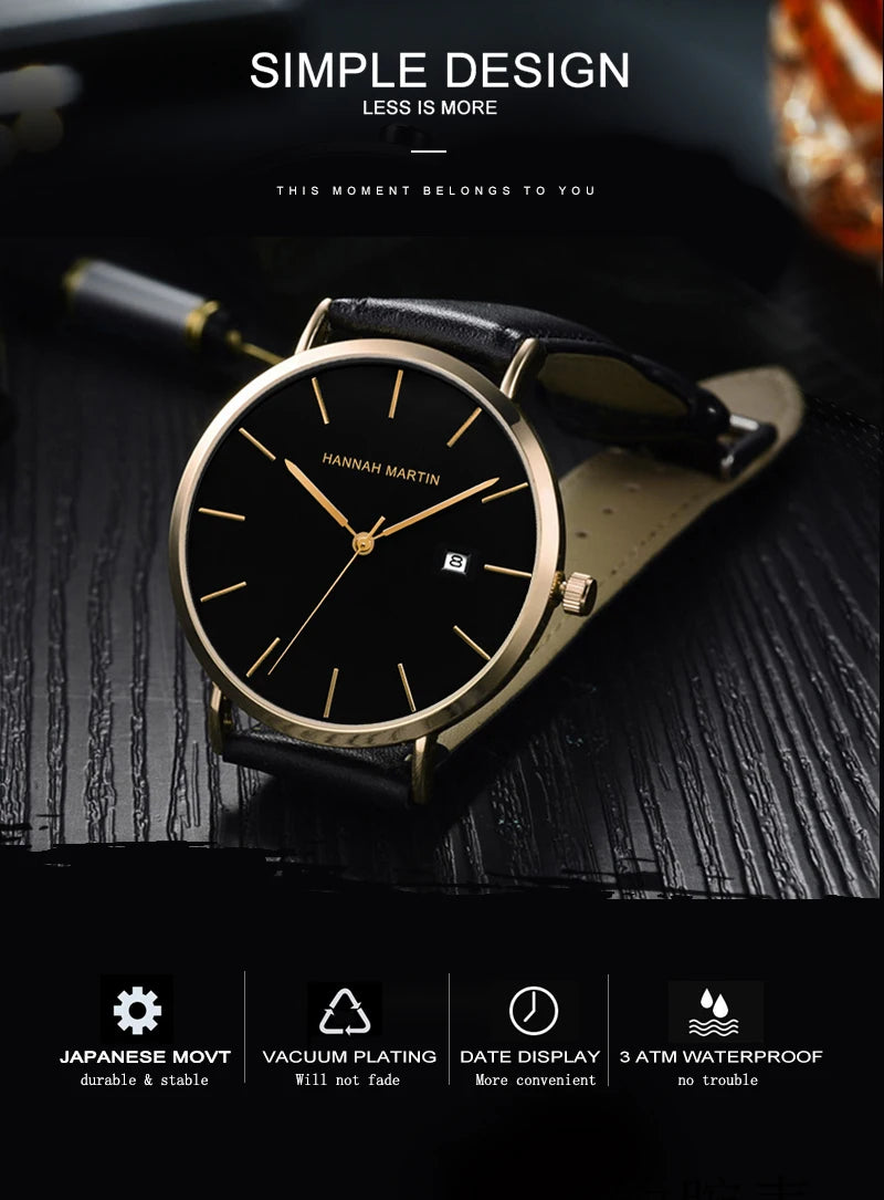 Men Dropshipping Wristwatch Hannah Martin Japan Movement 40mm Blue Minimalist Casual Leather Top Brand 3Bar Luxury Watch for Men