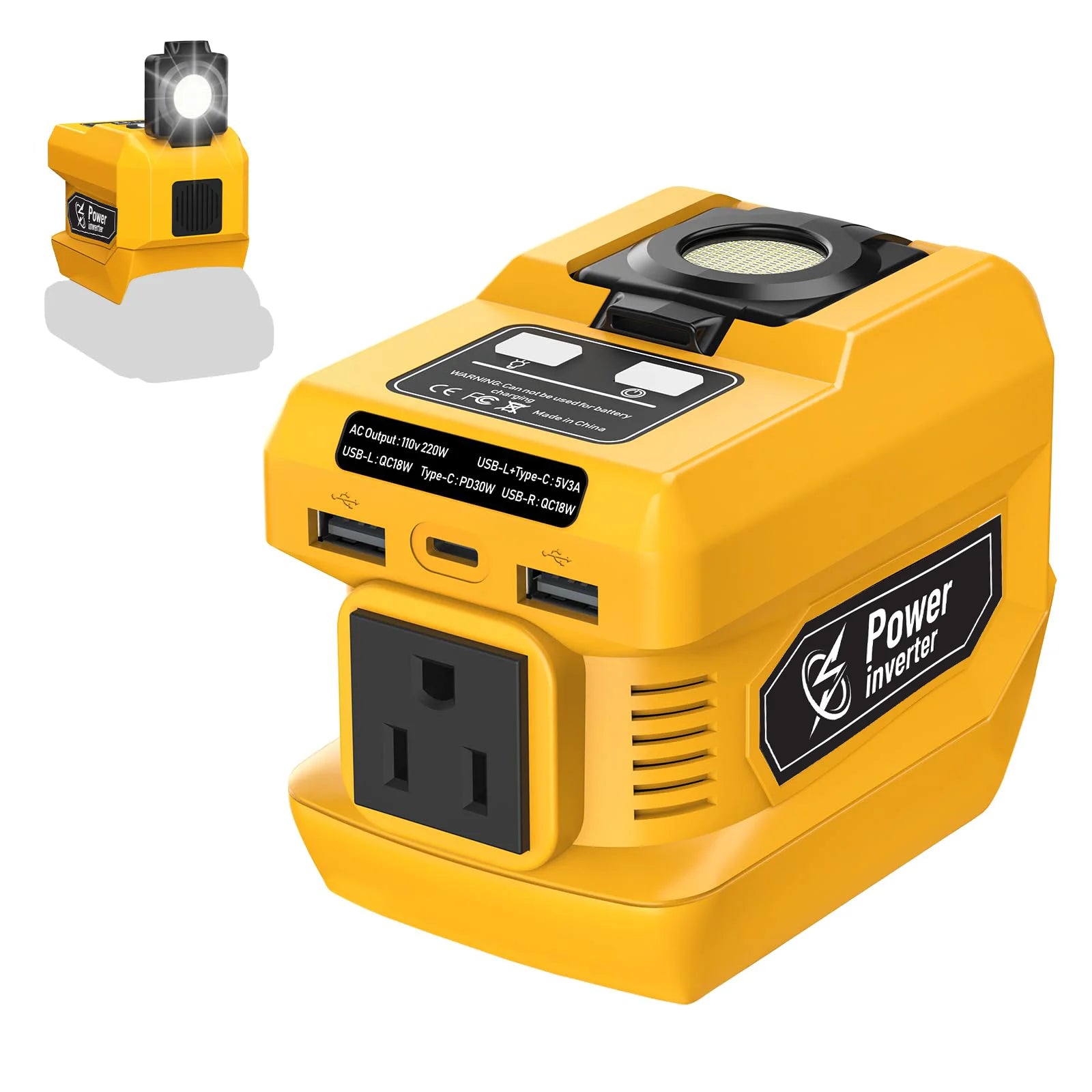 Kzreect 220W Power Inverter Compatible with Dewalt us 20V Battery, 20V to AC 110V, 4 Output & 300LM LED, Inverter for Camping