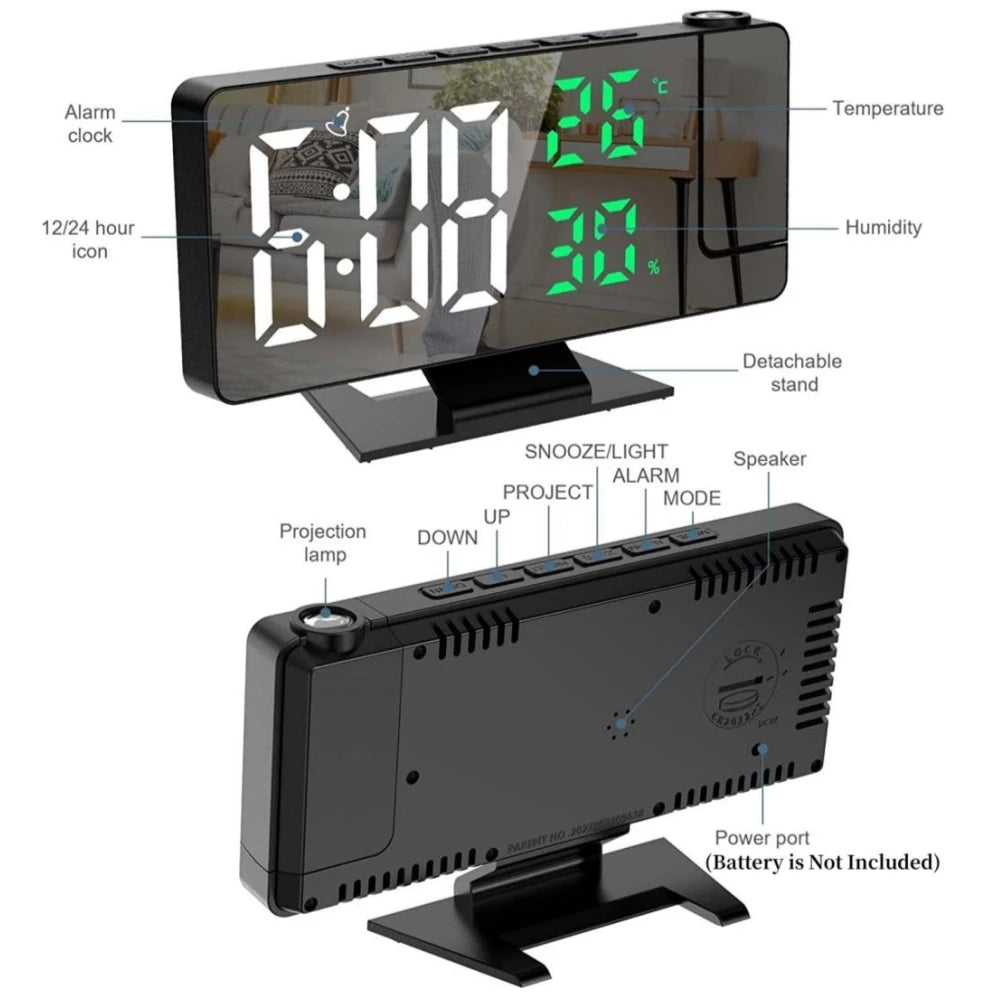 180° Rotation Projection Digital Alarm Clock Temperature Humidity Night Mode Snooze 12/24H USB Powered Projector Table LED Clock