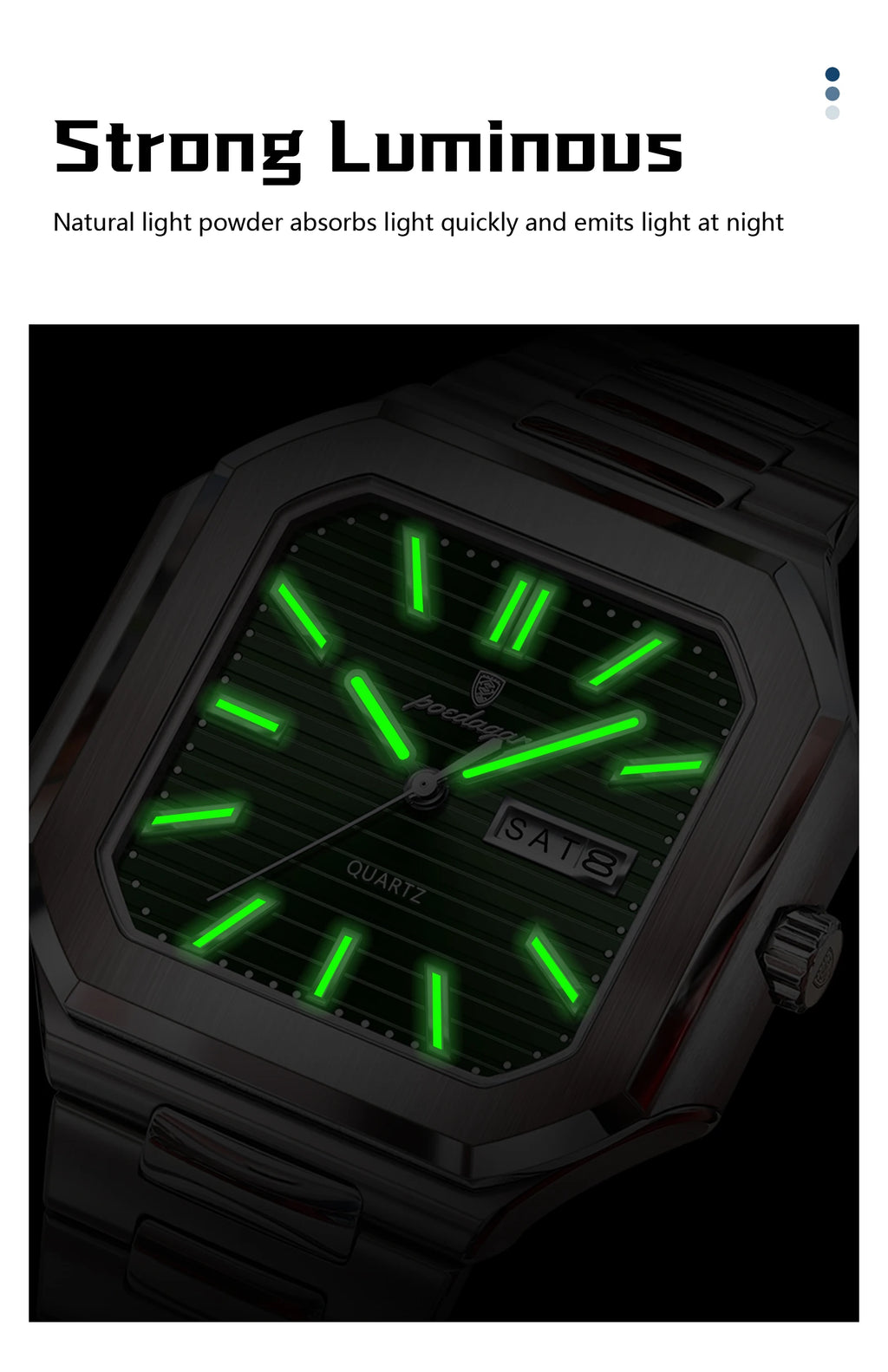 POEDAGAR Luxury Square Male Watch Waterproof Luminous Date Week Quartz Watches For Men Stainless Steel Fashion Men's Clock Reloj