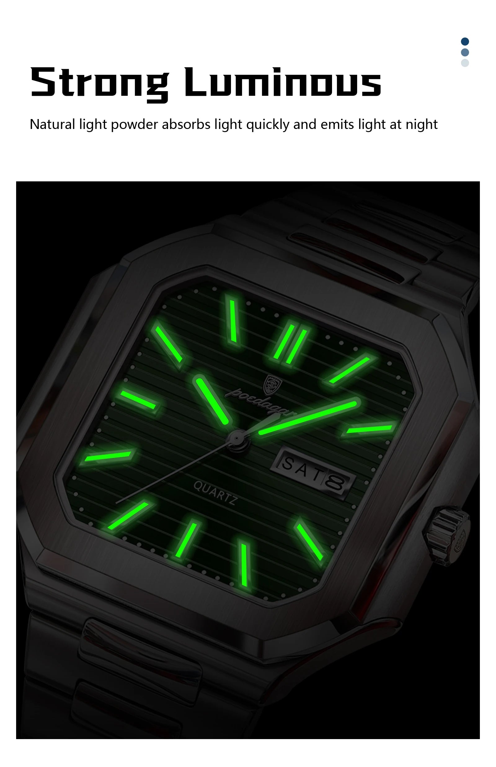 POEDAGAR Luxury Square Male Watch Waterproof Luminous Date Week Quartz Watches For Men Stainless Steel Fashion Men's Clock Reloj