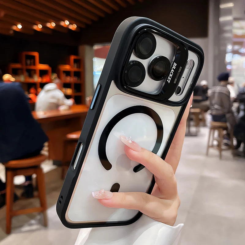 Luxury Matte Translucent Armor Shockproof For Magsafe Bracket Case For iPhone 17 16 15 14 13 12 Pro Max 17 Wireless Charge Cover