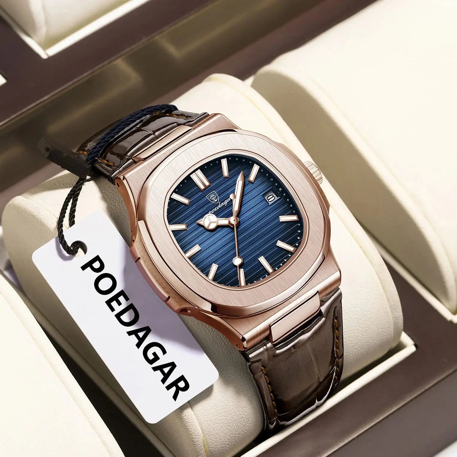 POEDAGAR Business Man Watch Date Waterproof Luminous Leather Classic Watches For Men High Quality Square Quartz Men's Wristwatch