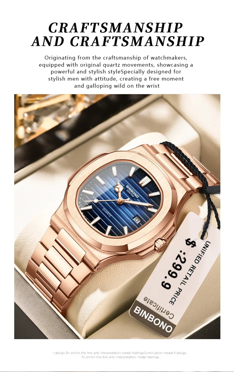 New Casual Business Fashion Quartz Wristwatches Rose Gold Clock Men Luxury Watch Automatic Watches Mens Black Relogio Masculino