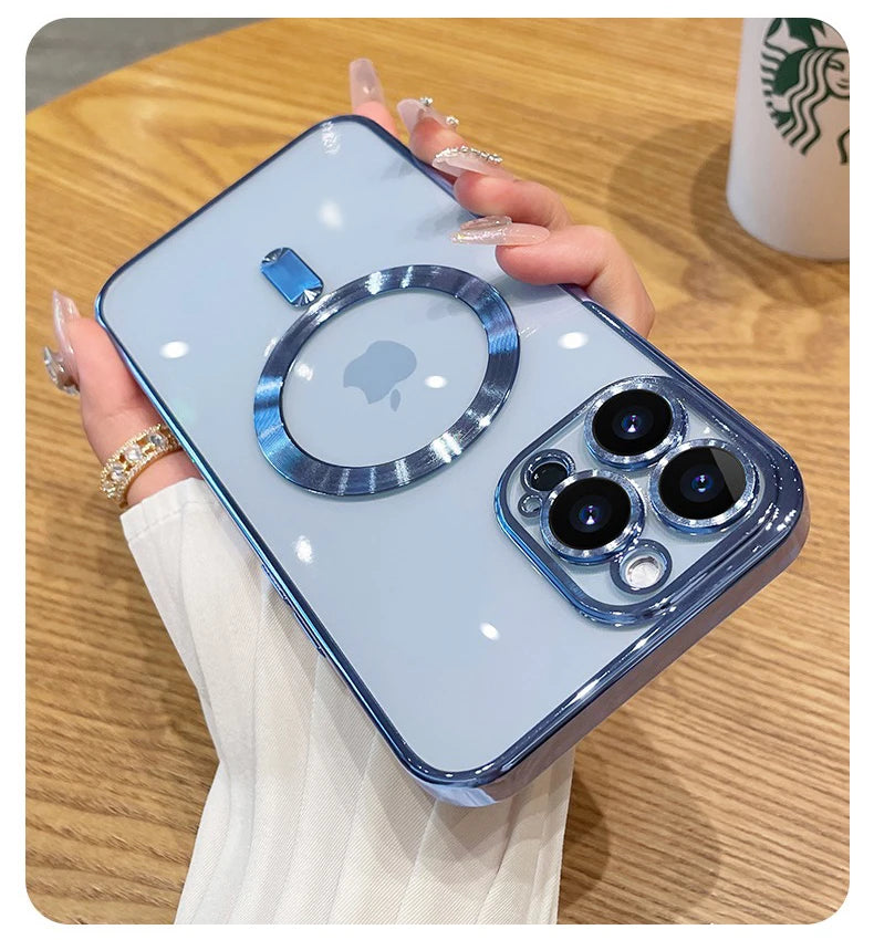 Luxury Plating For Magsafe Case For iPhone 16 15 14 13 12 11 Pro Max Wireless Charge Magnetic Cover With Camera Lens Protector