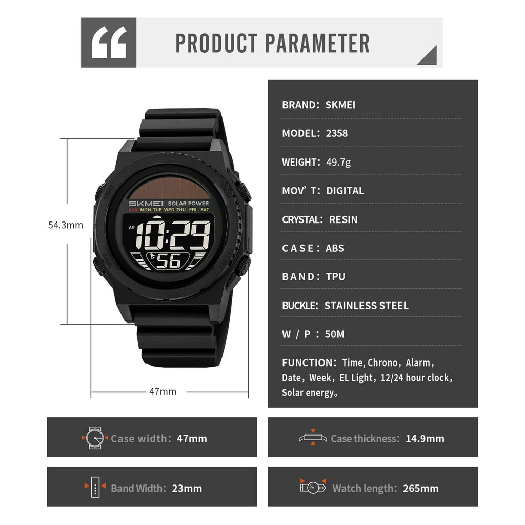 SKMEI Solar Energy Digital Sports Electronic Watches For Men Fashion Casual 5Bar Waterproof Chrono Wristwatch Clock Reloj Hombre