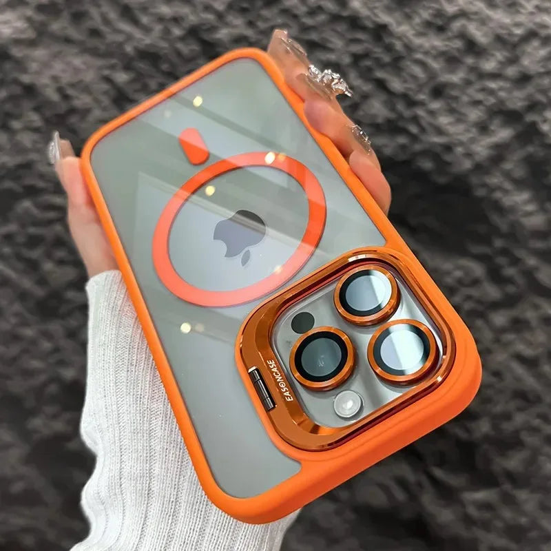Luxury Magnetic Shockproof Phone Case For iPhone 17 15 16 14 13 12 11 Pro Max For Magsafe Funda Stand Glass Lens Protector Cover