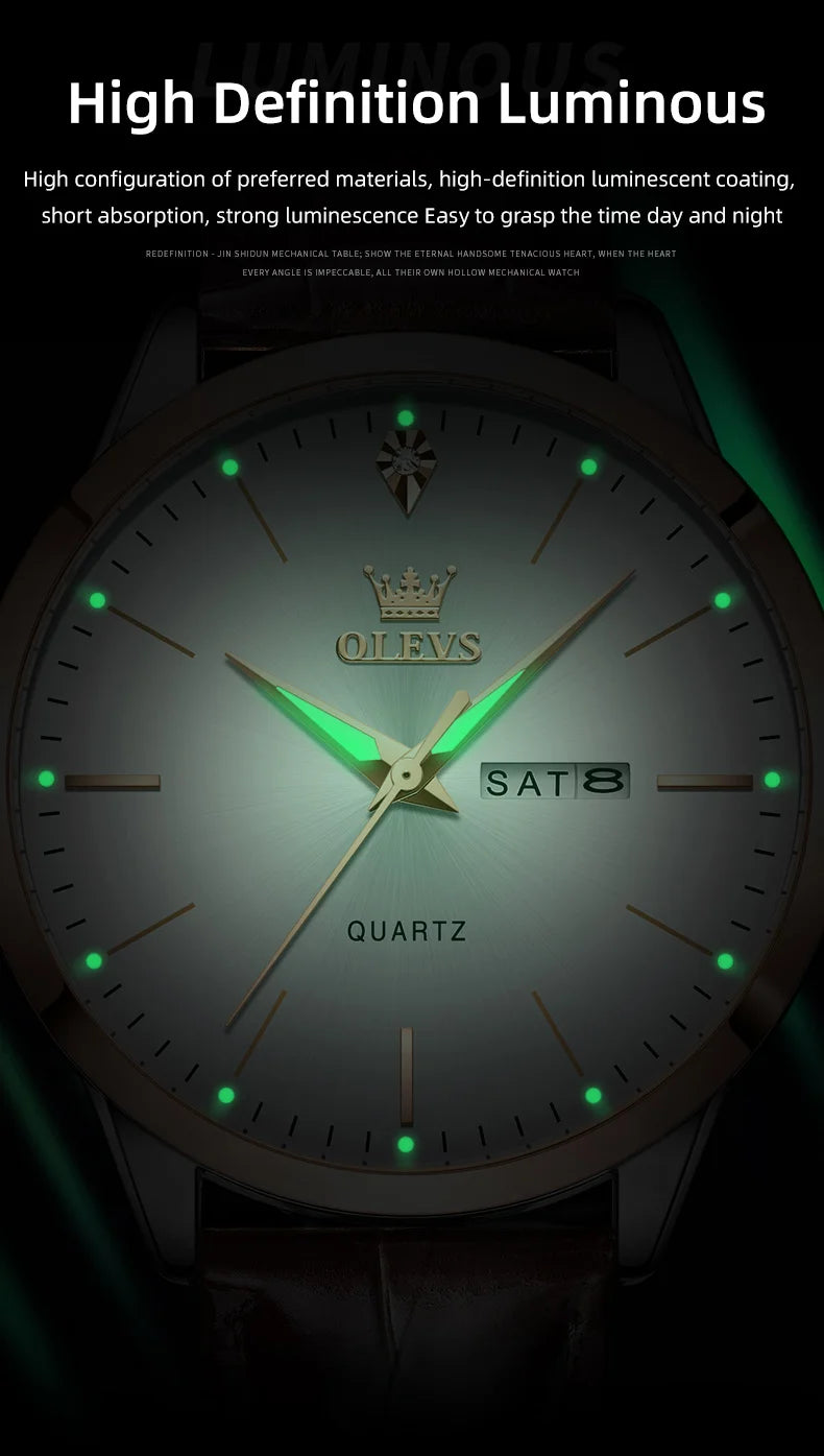 OLEVS Men's Watch Brand Business Waterproof Luminous Week Date Quartz Watch Fashion Leather Strap Classic Luxury Men's Watch