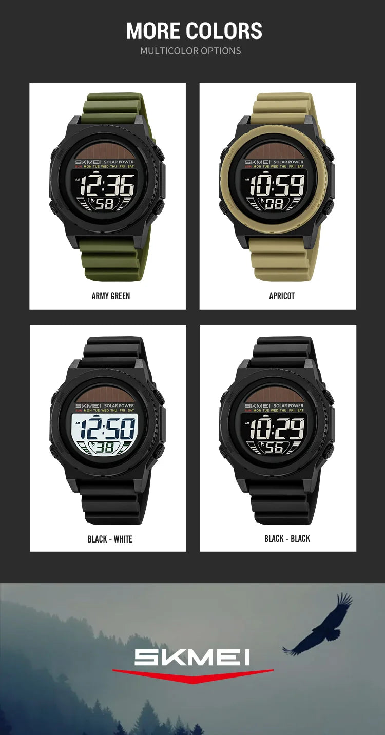 SKMEI Solar Energy Digital Sports Electronic Watches For Men Fashion Casual 5Bar Waterproof Chrono Wristwatch Clock Reloj Hombre