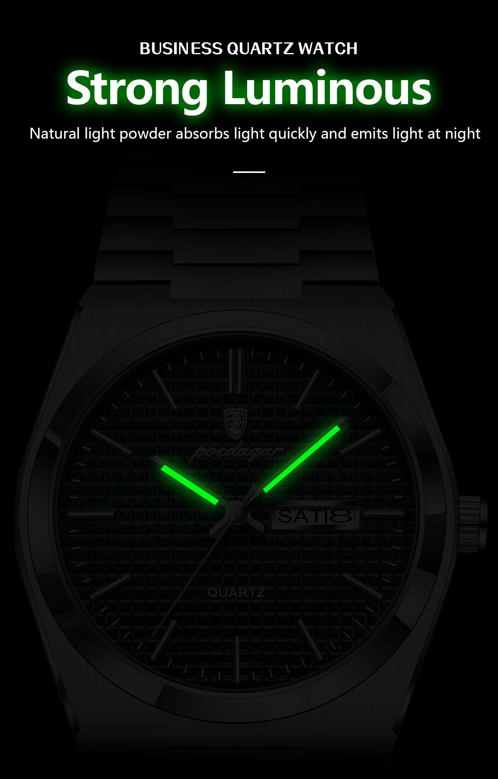 POEDAGAR Luxury Original Man Watch Waterproof Stainless Steel Luminous Men's Wristwatch Date Week Quartz Fashion Watches For Men