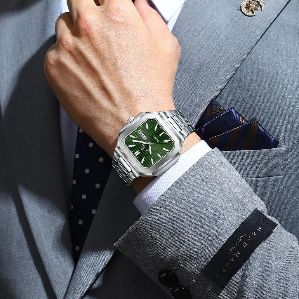 POEDAGAR Luxury Square Male Watch Waterproof Luminous Date Week Quartz Watches For Men Stainless Steel Fashion Men's Clock Reloj