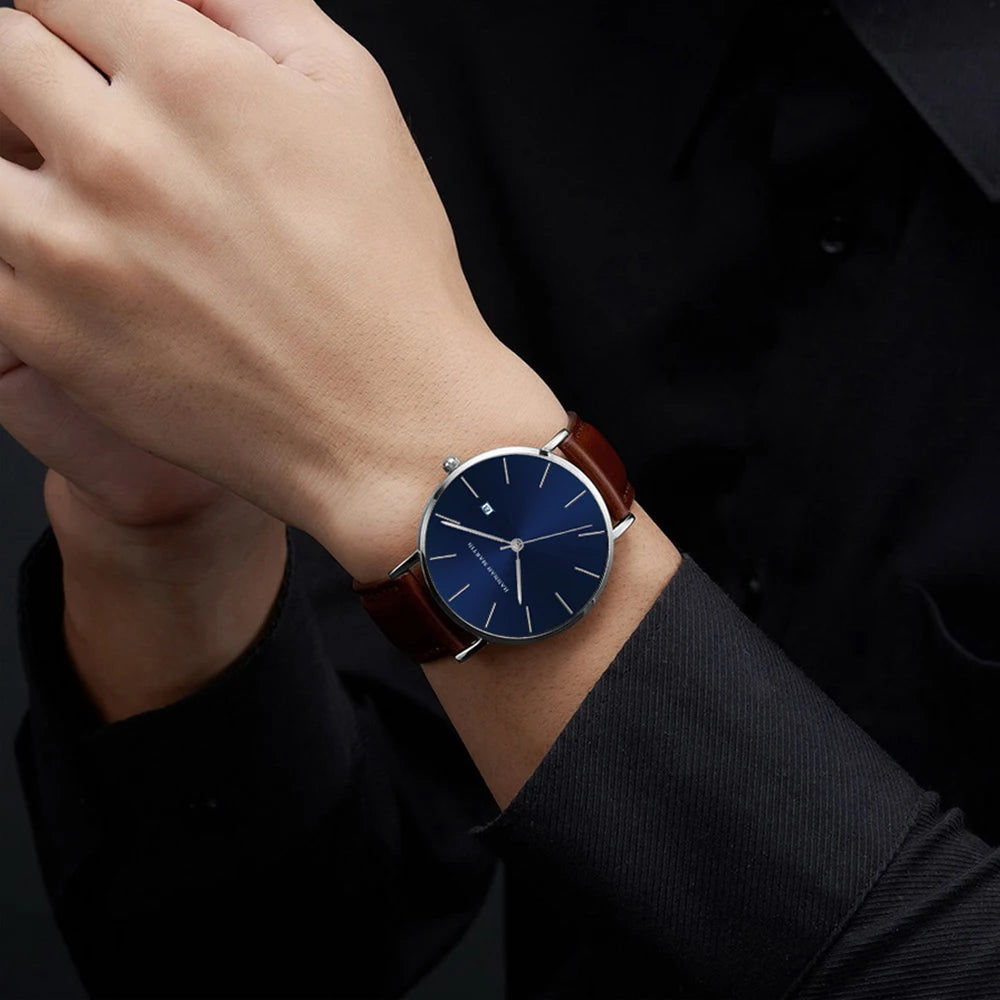Men Dropshipping Wristwatch Hannah Martin Japan Movement 40mm Blue Minimalist Casual Leather Top Brand 3Bar Luxury Watch for Men