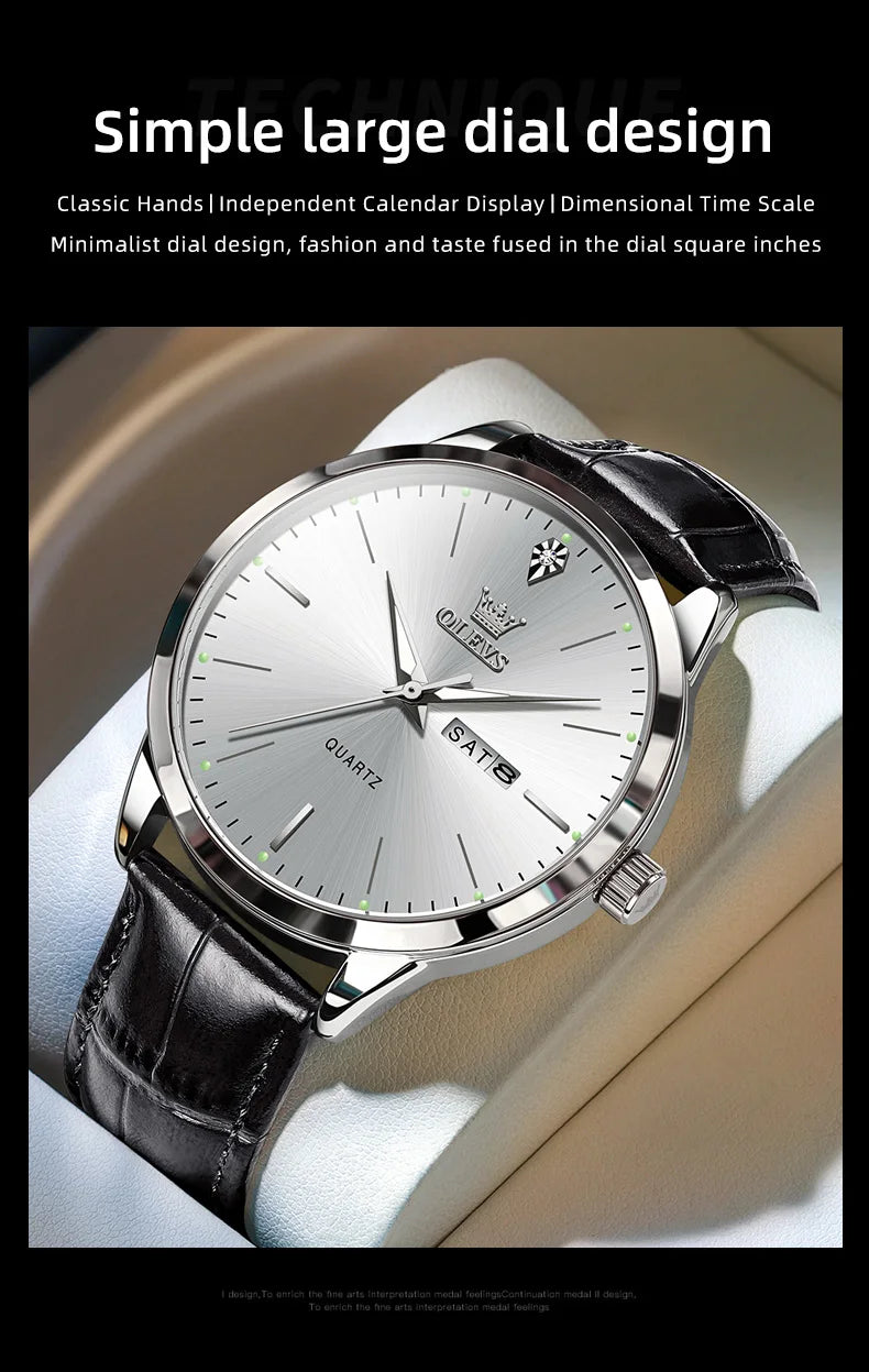 OLEVS 2935 Men's Watch Dual Calendar Waterproof Luminous Quartz Watch For Men 43mm Big Dial Leather Fashion Business Wristwatch