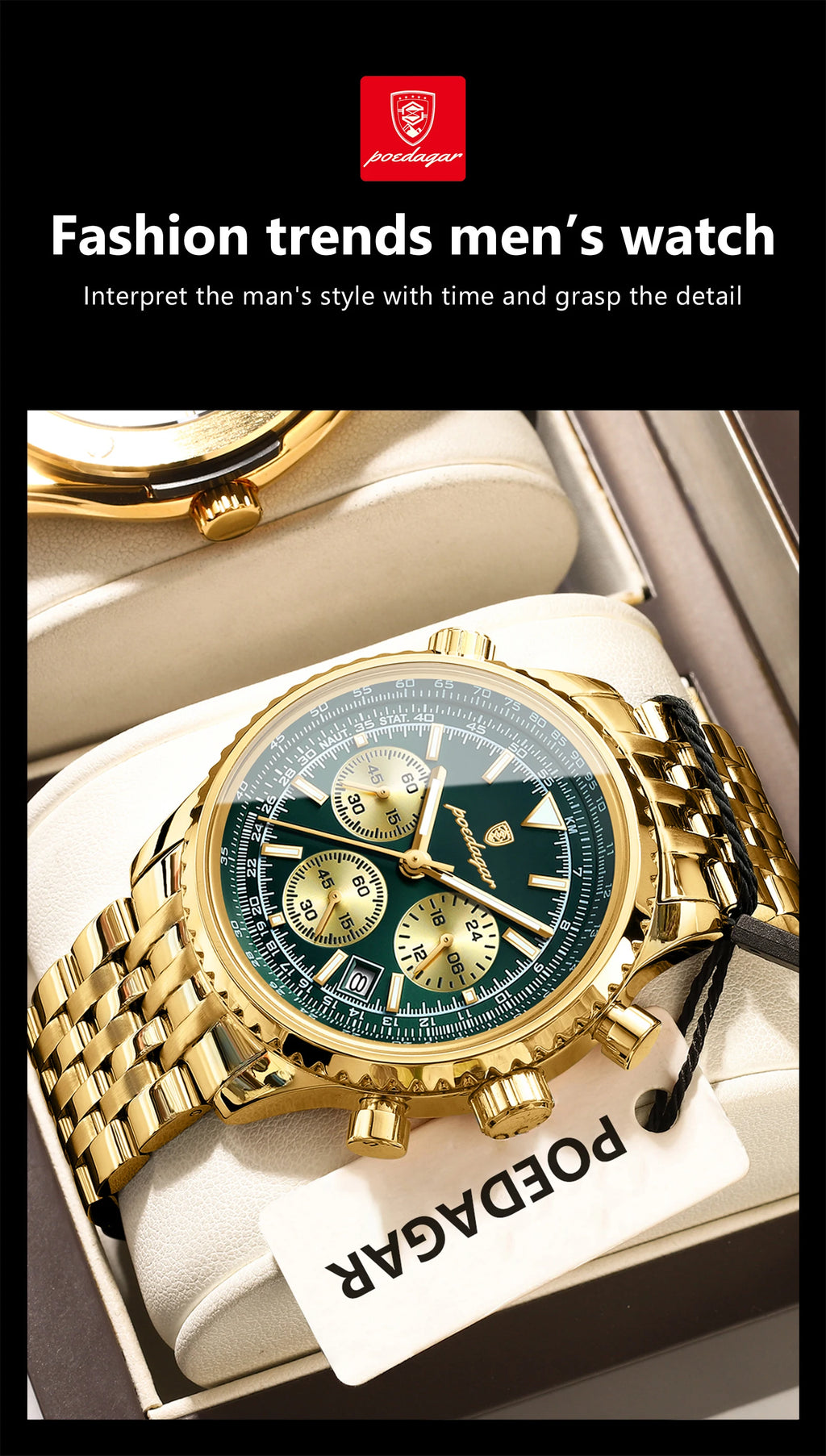 POEDAGAR Trendy Man Watch Chronograph Date Waterproof Luminous Men's Watches Stainless Steel Quartz Sports Luxury Man Wristwatch