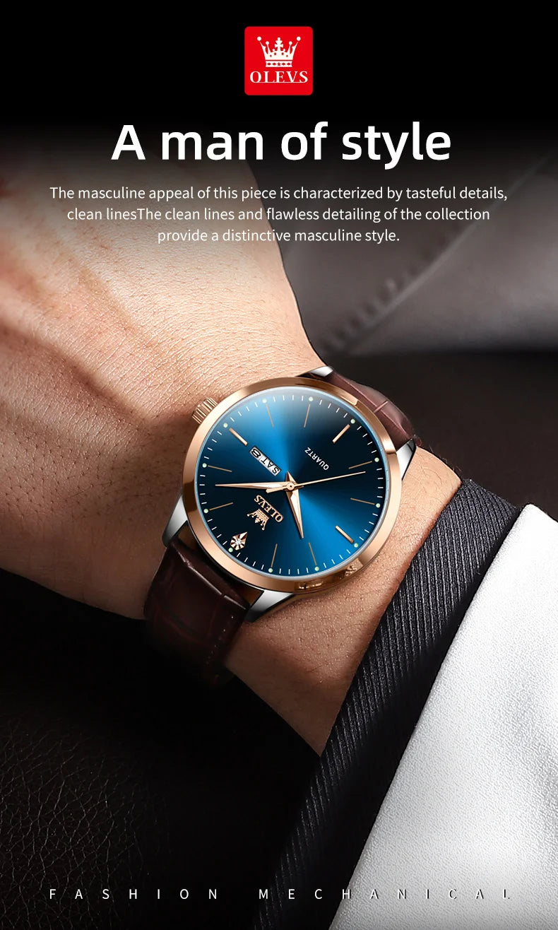 OLEVS 2935 Men's Watch Dual Calendar Waterproof Luminous Quartz Watch For Men 43mm Big Dial Leather Fashion Business Wristwatch
