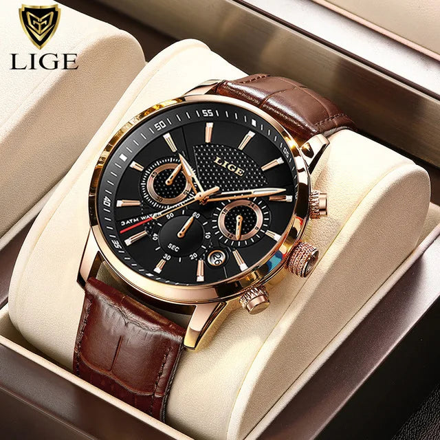 LIGE New Brown Leather Watch for Men Fashion Top Brand Luxury Men's Quartz Wristwatches Casual Waterproof Luminous Chronograph