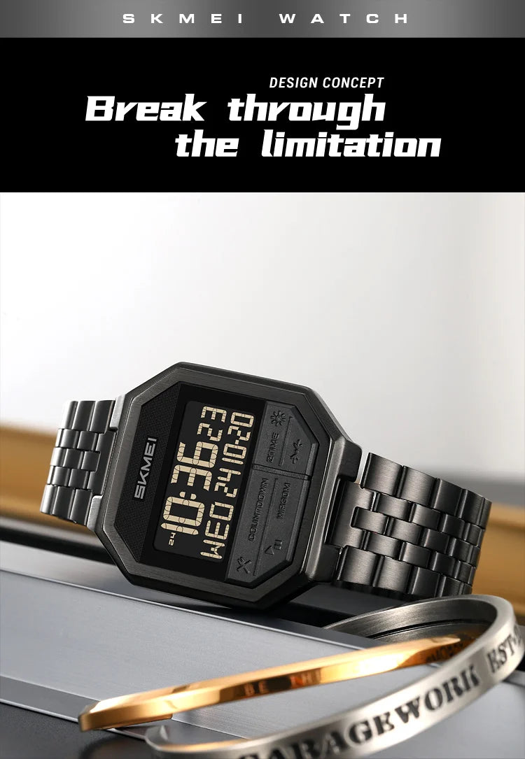 Skmei Luxury Steel Strap Digital Watches for Mens LED Light 50M Waterproof Fashion Sports Dual Time with Alarm Clock