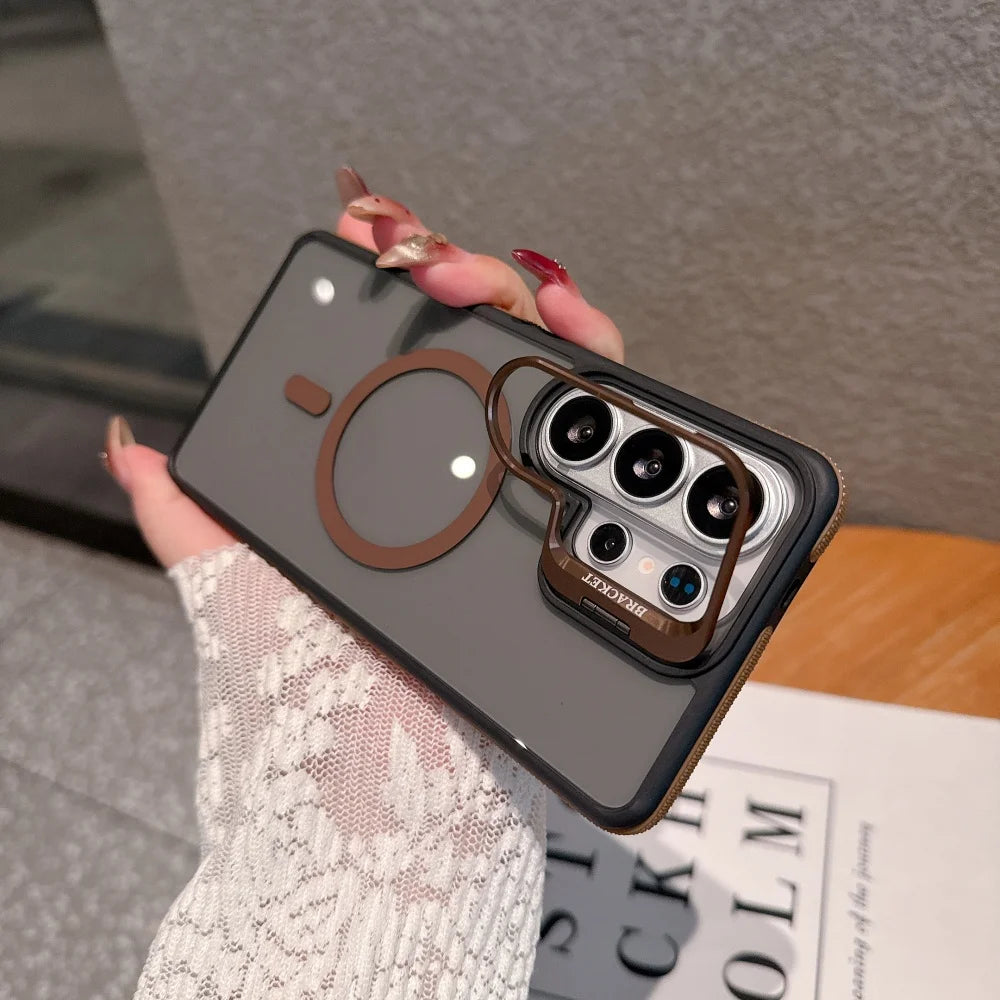 Flip Metal Lens Holder Case for Samsung Galaxy S26 Ultra S25 S22 S24 S23 Ultra FE S26 Edge Plus Magnetic Wireless Charging Cover