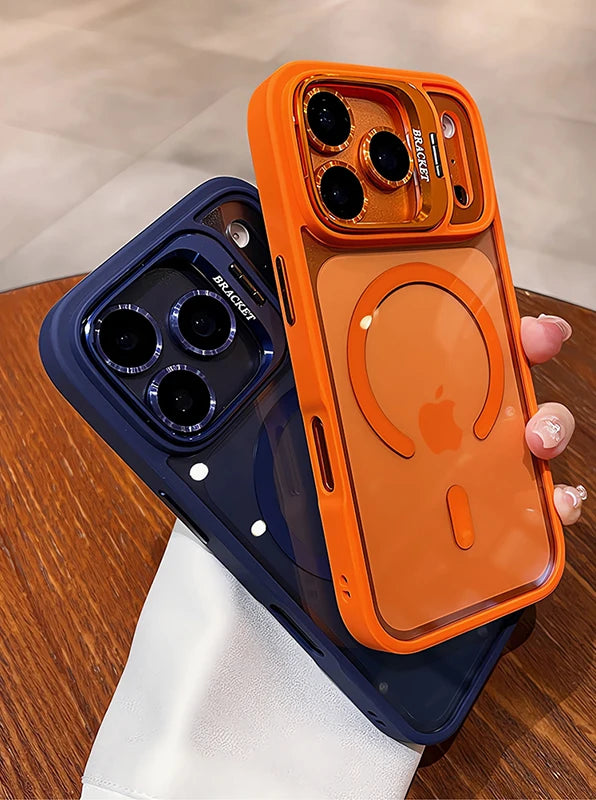 Luxury Matte Translucent Armor Shockproof For Magsafe Bracket Case For iPhone 17 16 15 14 13 12 Pro Max 17 Wireless Charge Cover