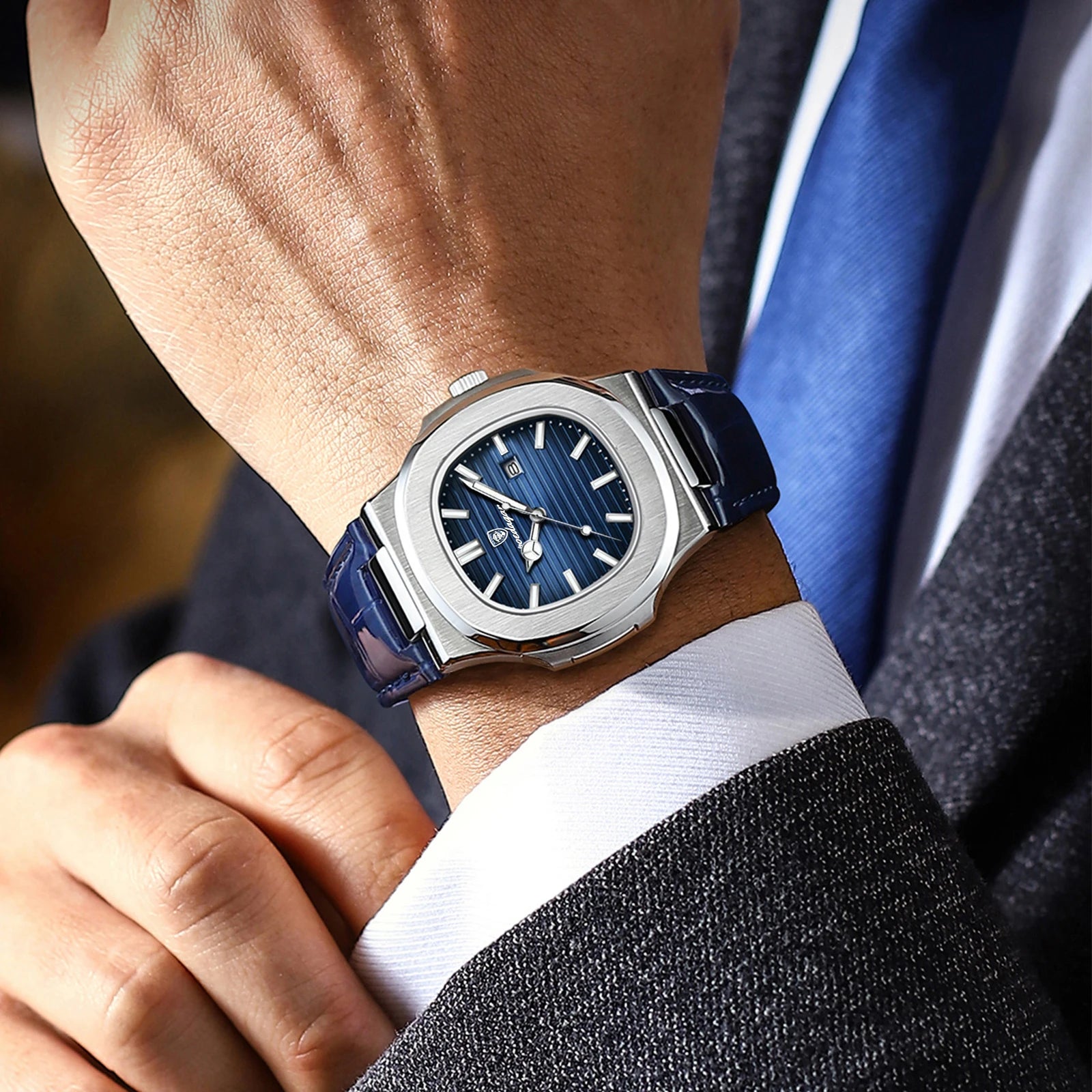 POEDAGAR Top Square Man Watch Date Waterproof Luminous Luxury Men Wristwatch High Quality Leather Men's Quartz Watches+Box Reloj