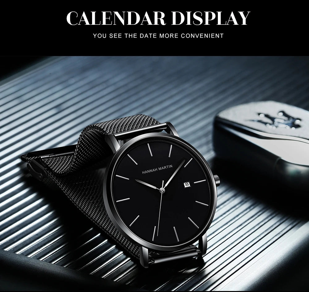 Men Dropshipping Wristwatch Hannah Martin Japan Movement 40mm Blue Minimalist Casual Leather Top Brand 3Bar Luxury Watch for Men