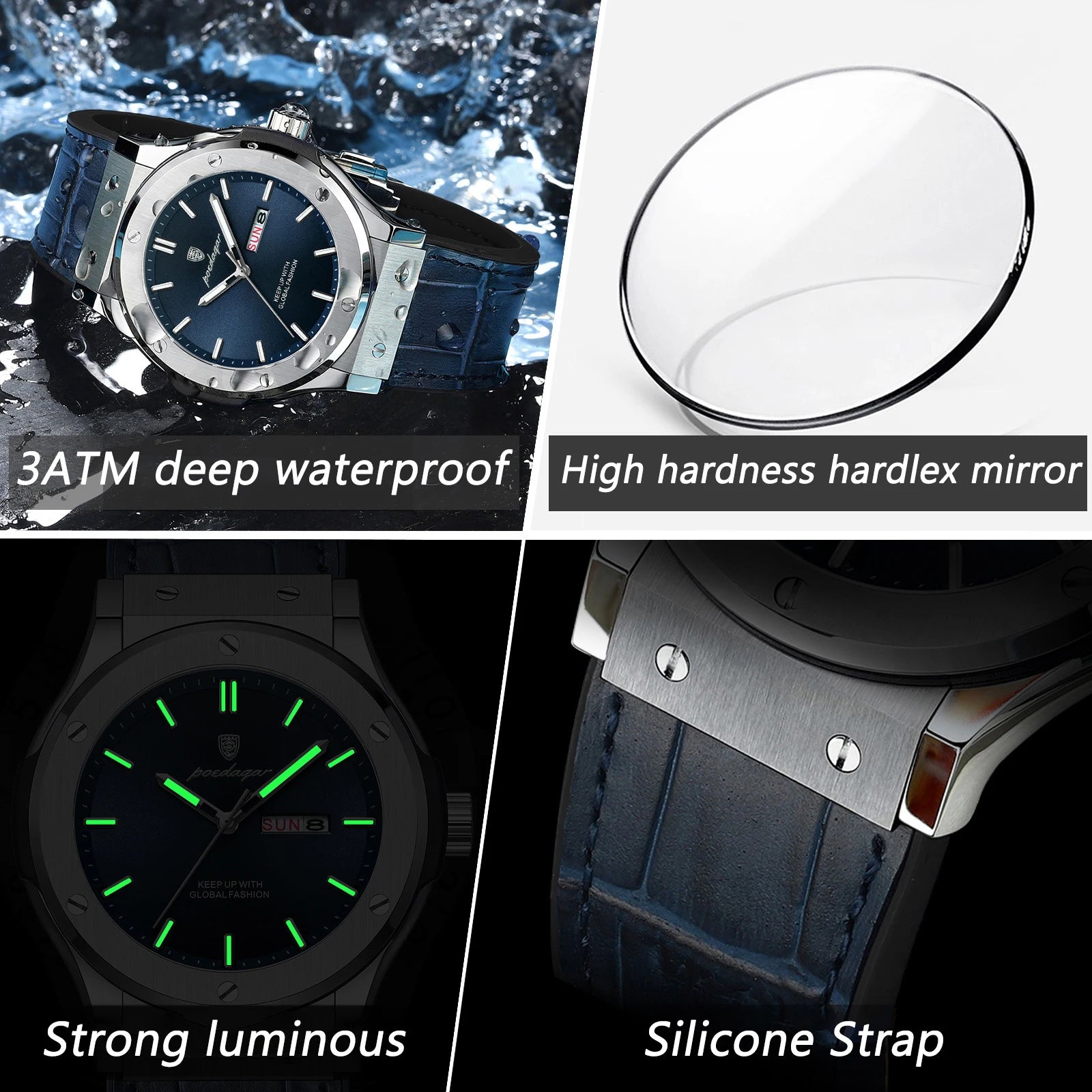 POEDAGAR Luxury Business Watch For Men Waterproof Luminous Date Week Man Wristwatch Silicone Strap Fashion Quartz Men's Watches