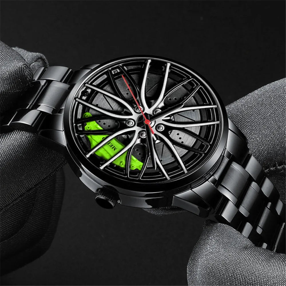 New Fashion Men Leather Watches Men Car Wheel Hub Stainless Steel Quartz Watch For Mens Military Sports Watch Relogio Masculino