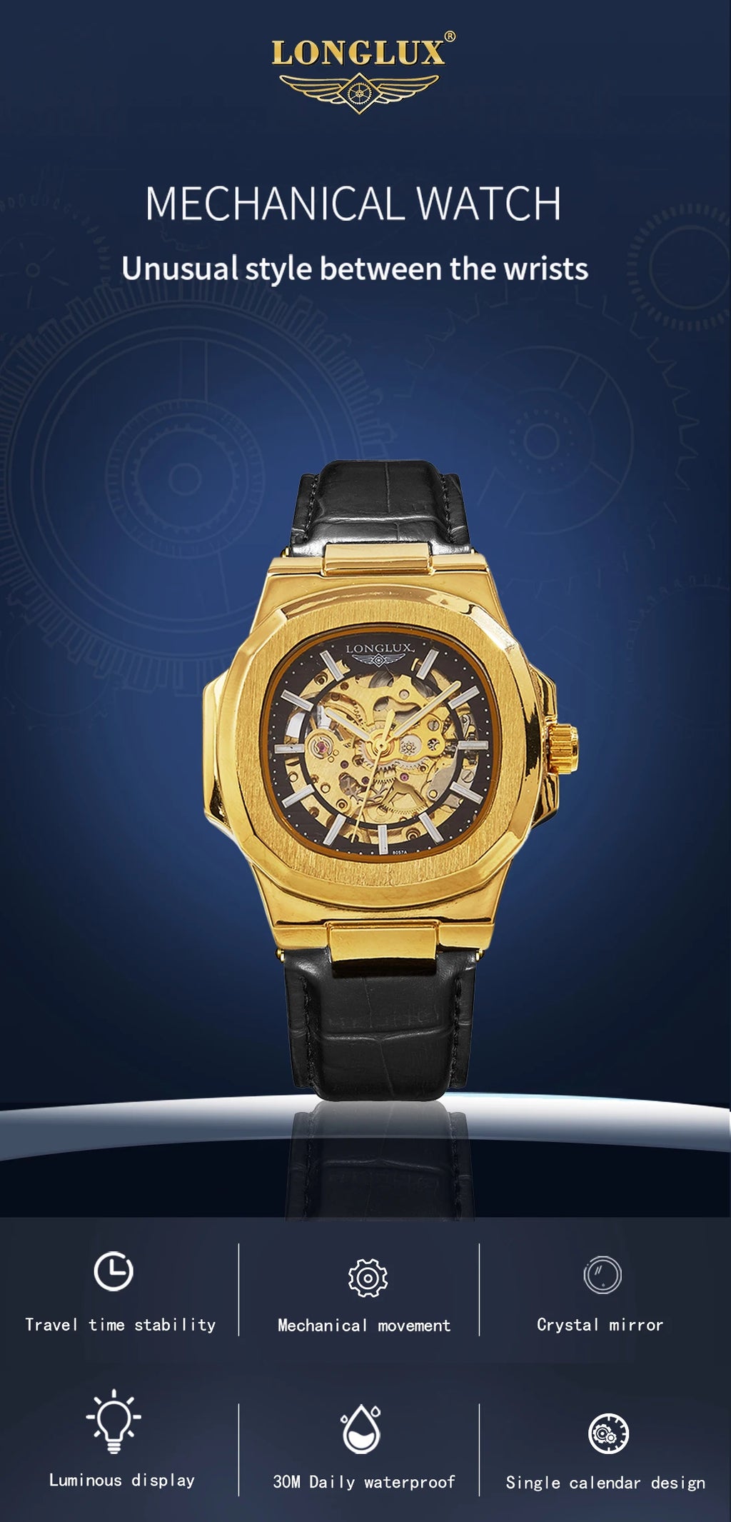 LONGLUX automatic mechanical watch outdoors simple luxury watches waterproof cheap wholesale skeleton leather mens watch gift