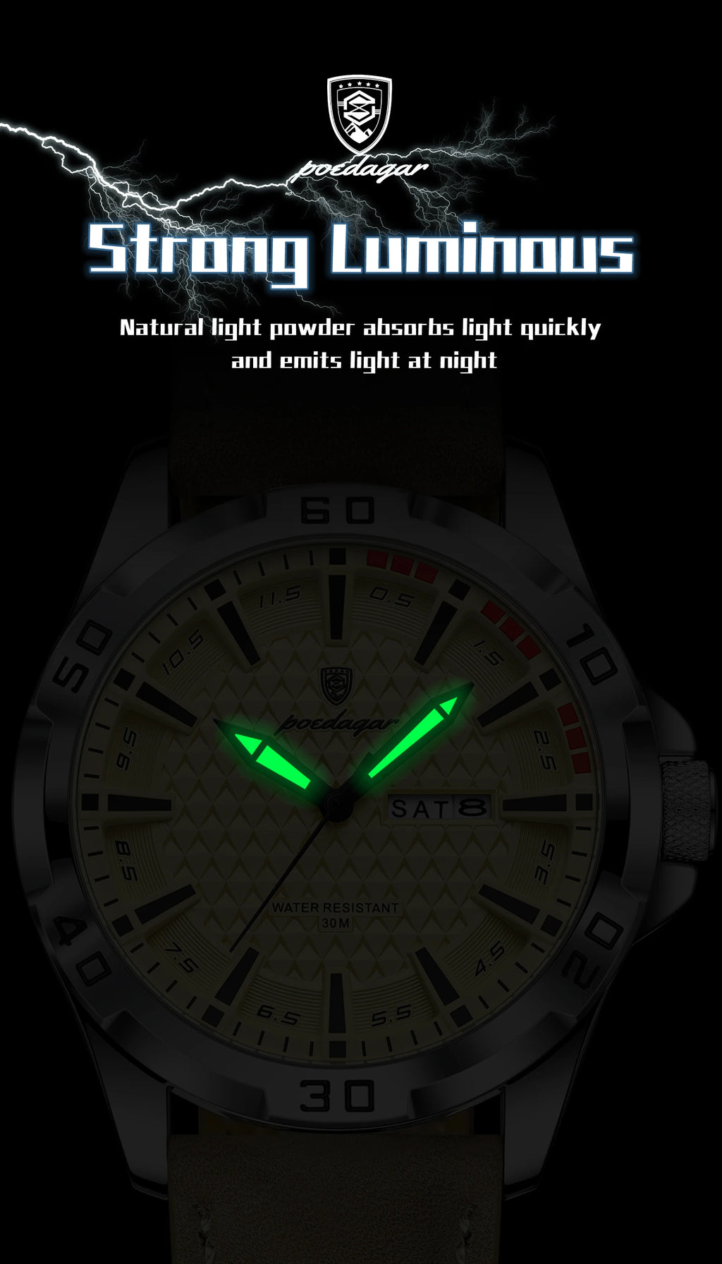 POEDAGAR Top Casual Sports Men Watch Waterproof Luminous Date Week Fashion Watch For Man Leather Classic Men's Quartz Wristwatch