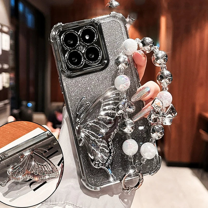Shockproof Plating Glitter Butterfly Bracket Bracelet Case for iPhone 17 Air 16 15 14 13 12 11 17 Pro Max 16 Plus 16E Soft Cover
