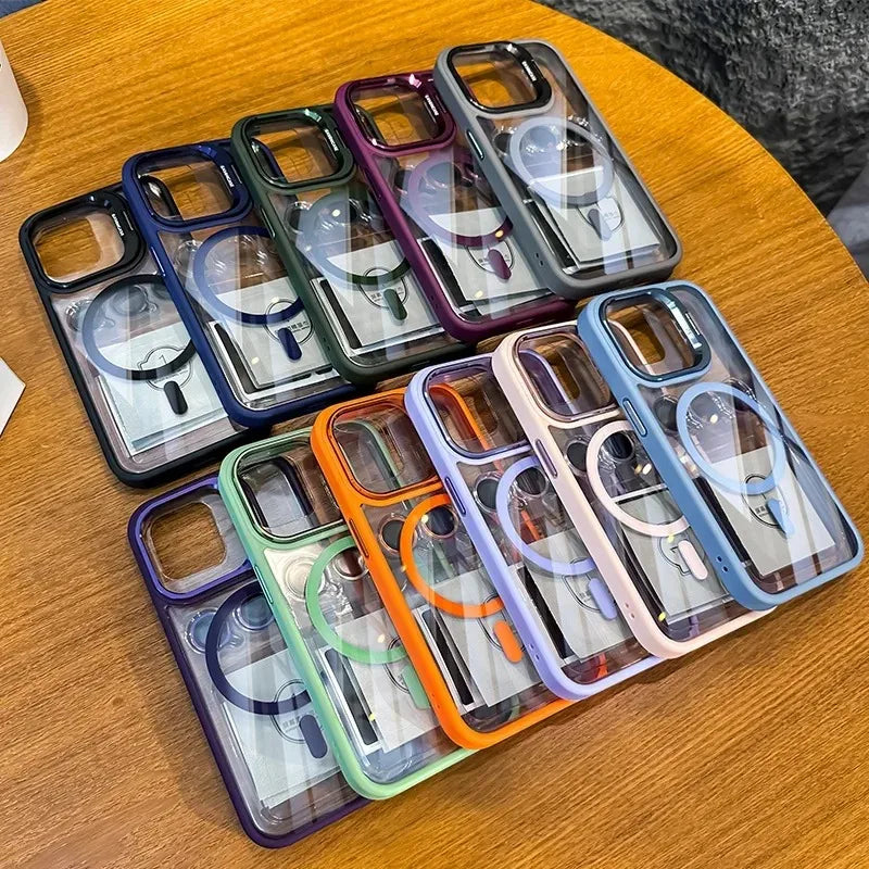 Luxury Magnetic Shockproof Phone Case For iPhone 17 15 16 14 13 12 11 Pro Max For Magsafe Funda Stand Glass Lens Protector Cover