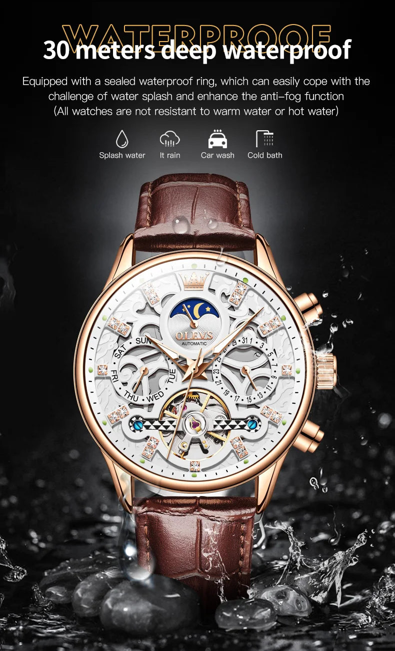 OLEVS 6658 Mens Watch Business Leather Strap Reloj  Hollow out Mechanical Automatic Wristwatch Waterproof Luminous Watch For Man