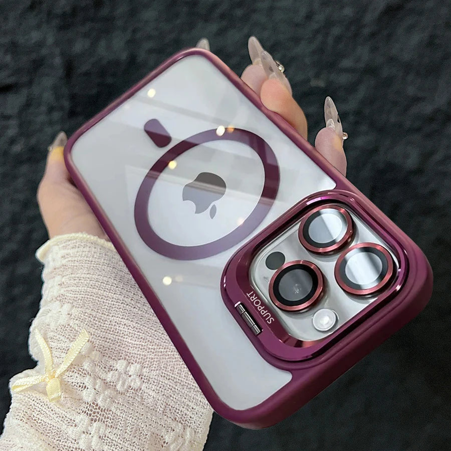 Luxury Magnetic Shockproof Phone Case For iPhone 17 15 16 14 13 12 11 Pro Max For Magsafe Funda Stand Glass Lens Protector Cover