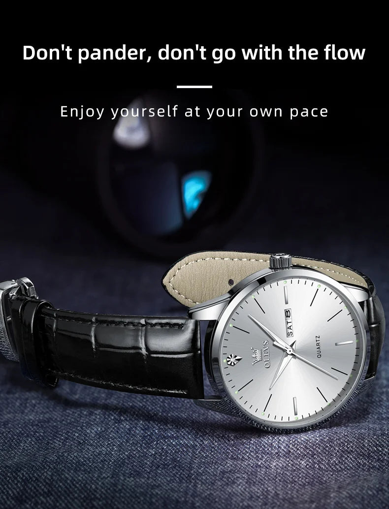 OLEVS 2935 Men's Watch Dual Calendar Waterproof Luminous Quartz Watch For Men 43mm Big Dial Leather Fashion Business Wristwatch