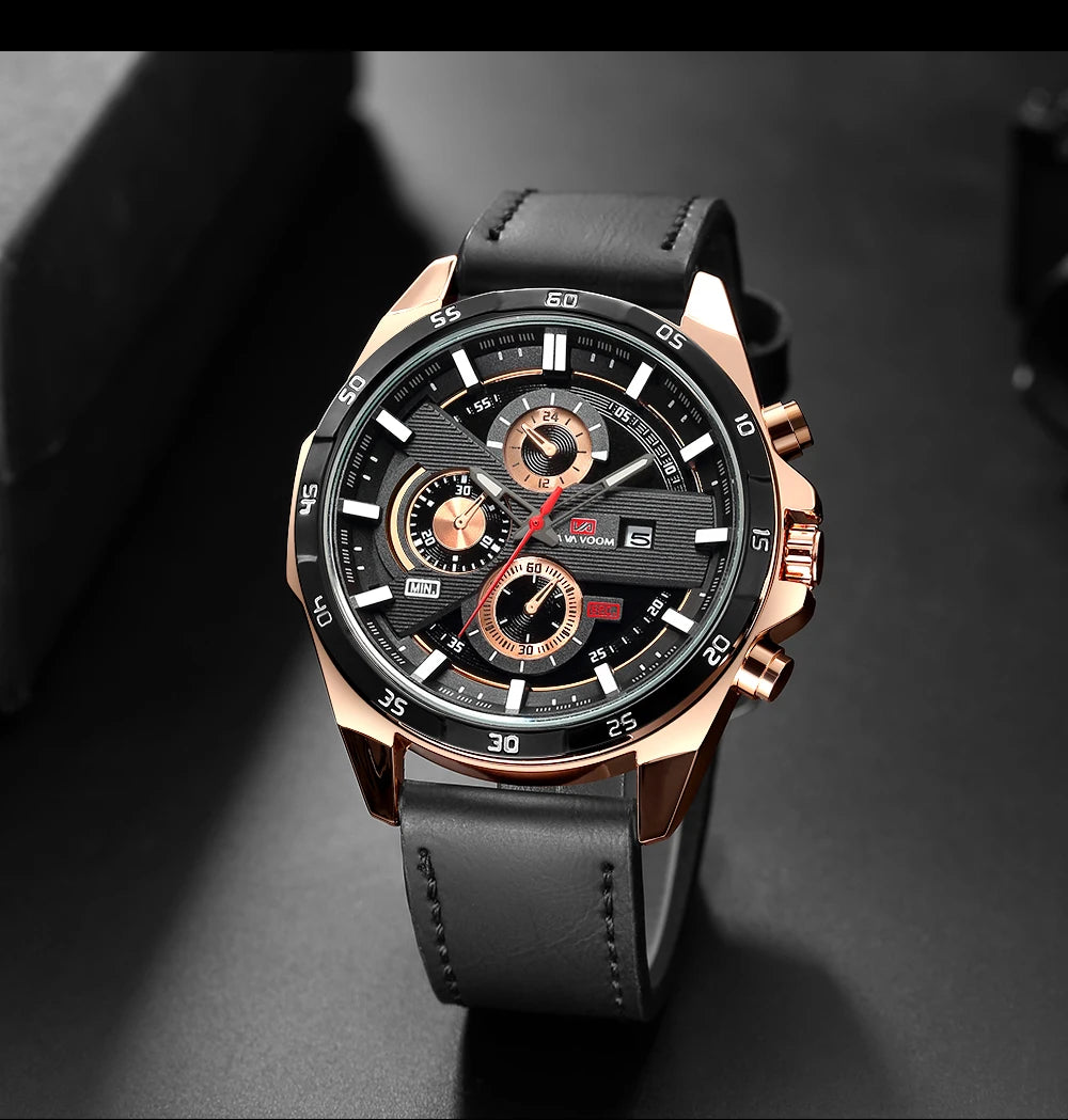 Man Sports Watches Fashion Racing Series 46mm Black Leather Clock VA VA VOOM Quartz Movement 3Bar Waterproof Wrist Watch for Men