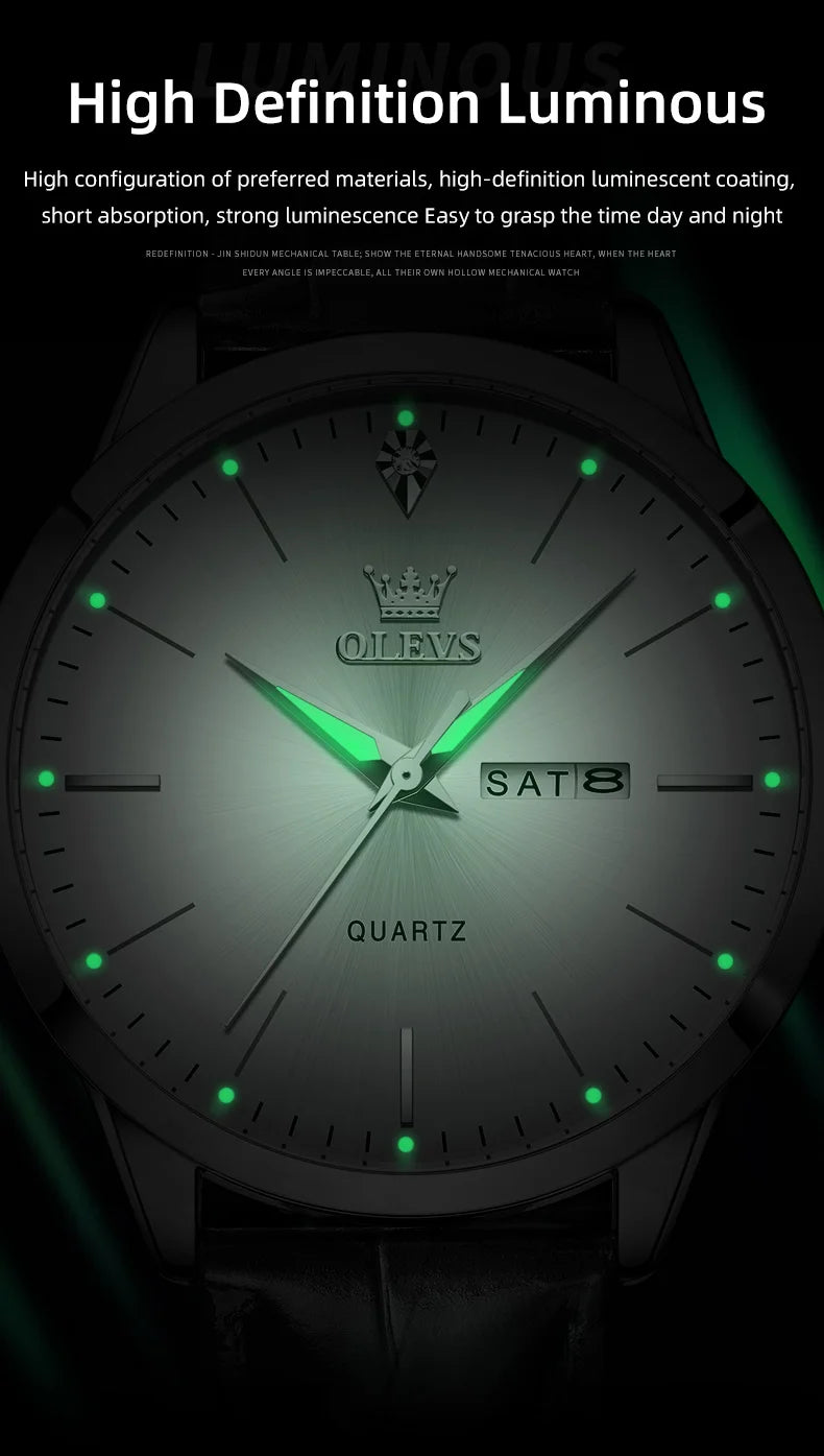 OLEVS 2935 Men's Watch Dual Calendar Waterproof Luminous Quartz Watch For Men 43mm Big Dial Leather Fashion Business Wristwatch