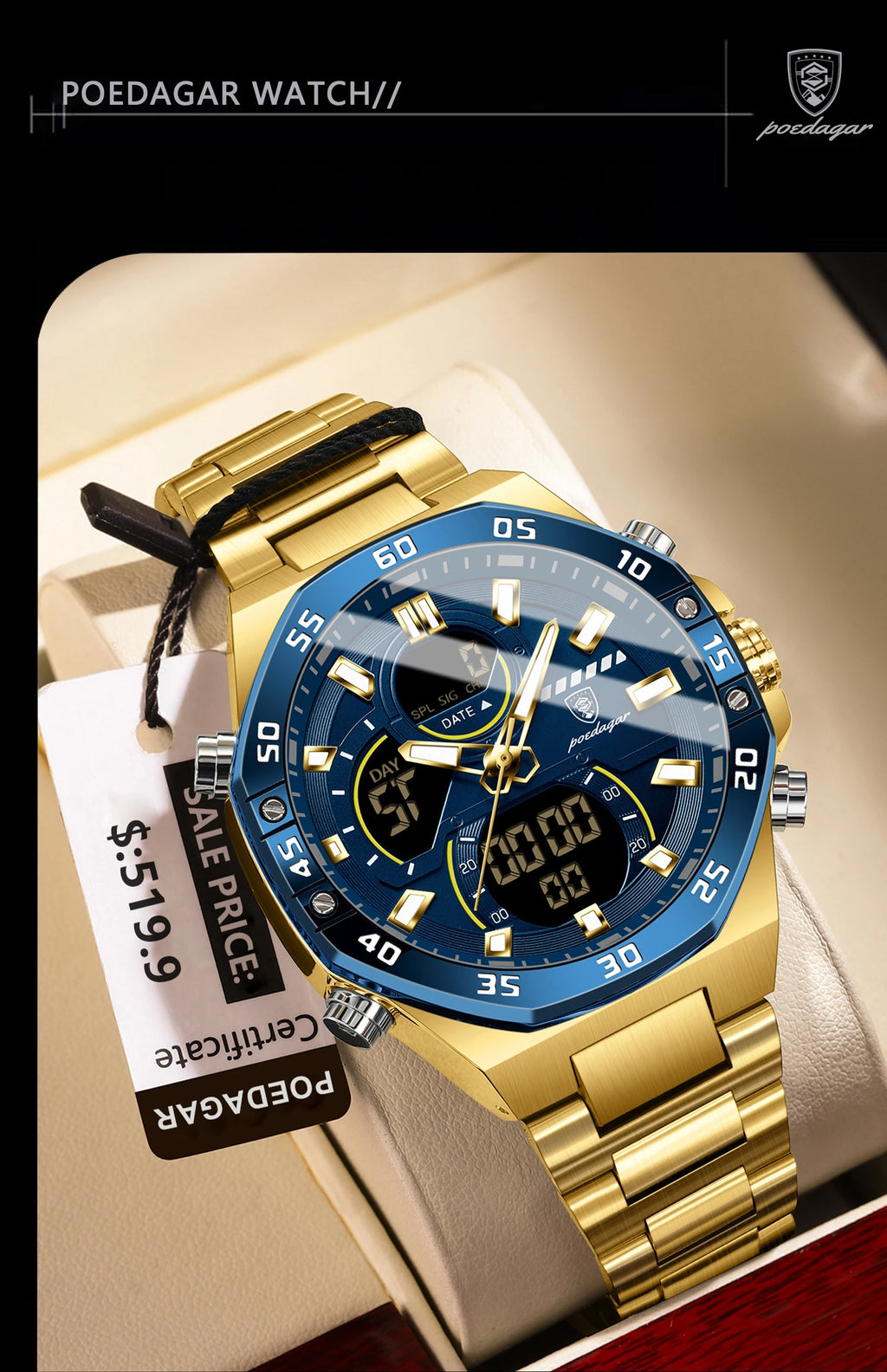 POEDAGAR Top Sport Men Clock LED Luminous Waterproof Week Date Man Watch Electronic Stainless Steel Fashion Quartz Men's Watches