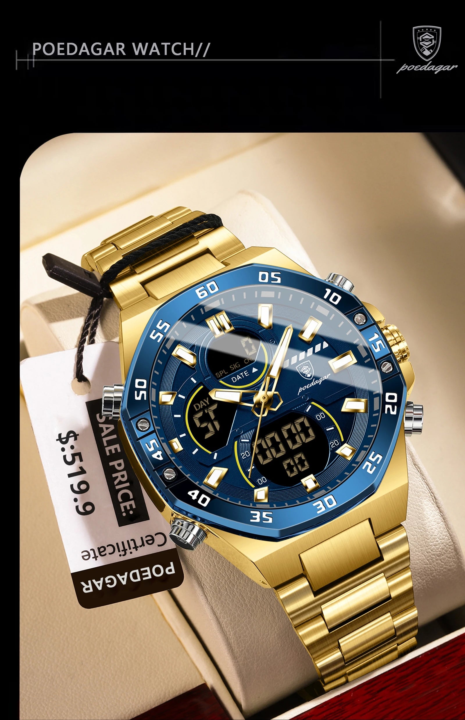 POEDAGAR Top Sport Men Clock LED Luminous Waterproof Week Date Man Watch Electronic Stainless Steel Fashion Quartz Men's Watches