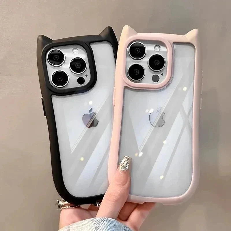 Soft Silicone Cute Cat Ear Phone Case For iPhone 16 17 13 15 14 12 11 Pro Max Air XS Max Funda Transparent Shockproof Back Cover
