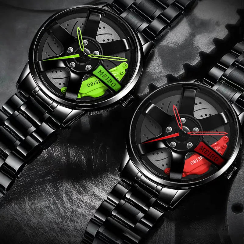 New Fashion Men Leather Watches Men Car Wheel Hub Stainless Steel Quartz Watch For Mens Military Sports Watch Relogio Masculino