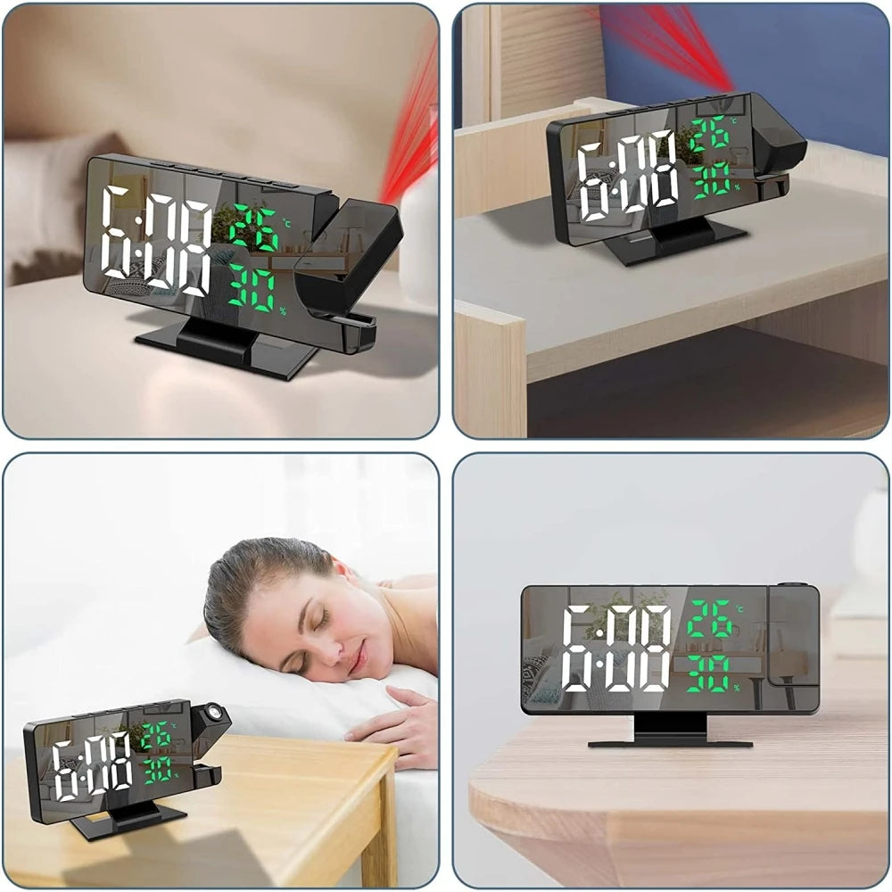 180° Rotation Projection Digital Alarm Clock Temperature Humidity Night Mode Snooze 12/24H USB Powered Projector Table LED Clock