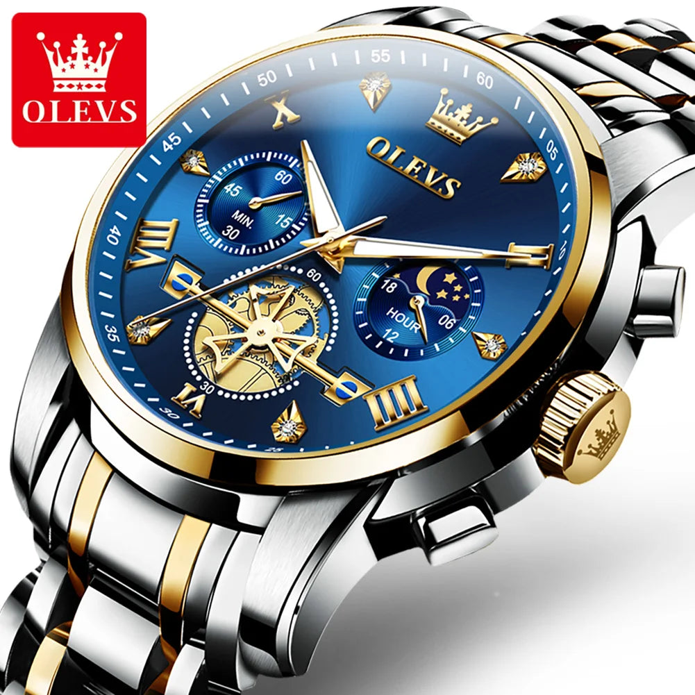 OLEVS 2856 Quartz Watch for Men Flywheel Skeleton Chronograph Moon Phase Multifunctional Stainless steel Men's Wristwatches