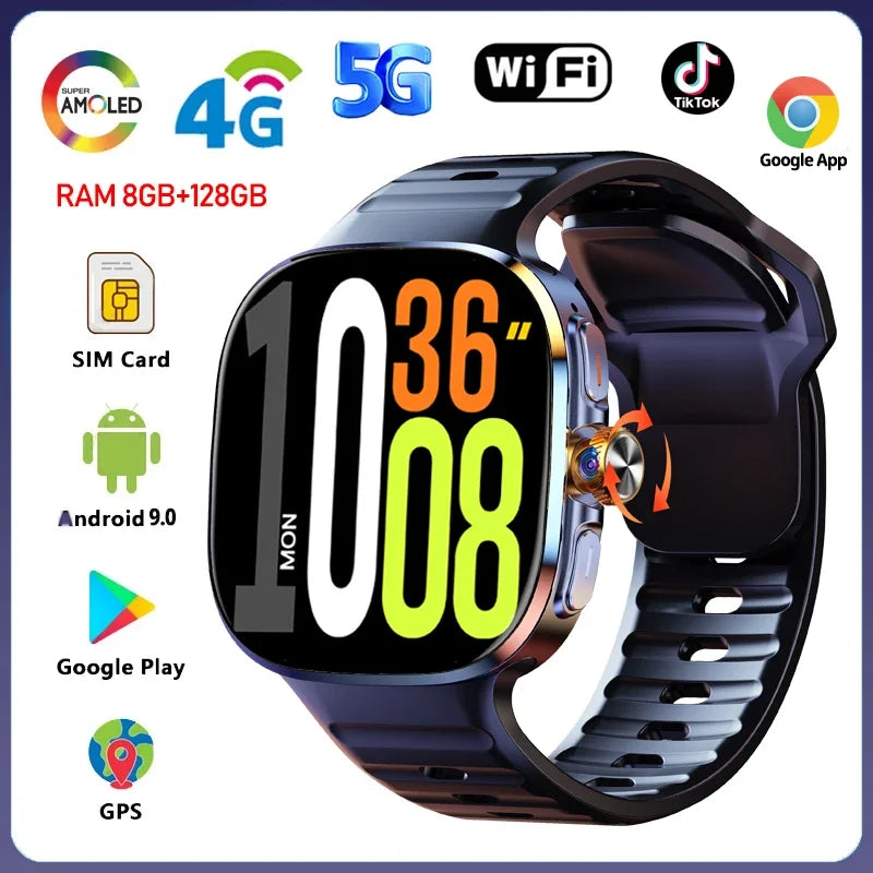 8GB+128GB RAM 5G/4G Smart Watch 2.4 inch AMOLED 2100mah Battery 900W Camera GPS WIFI Google APPS Download Smartwatch Android 10