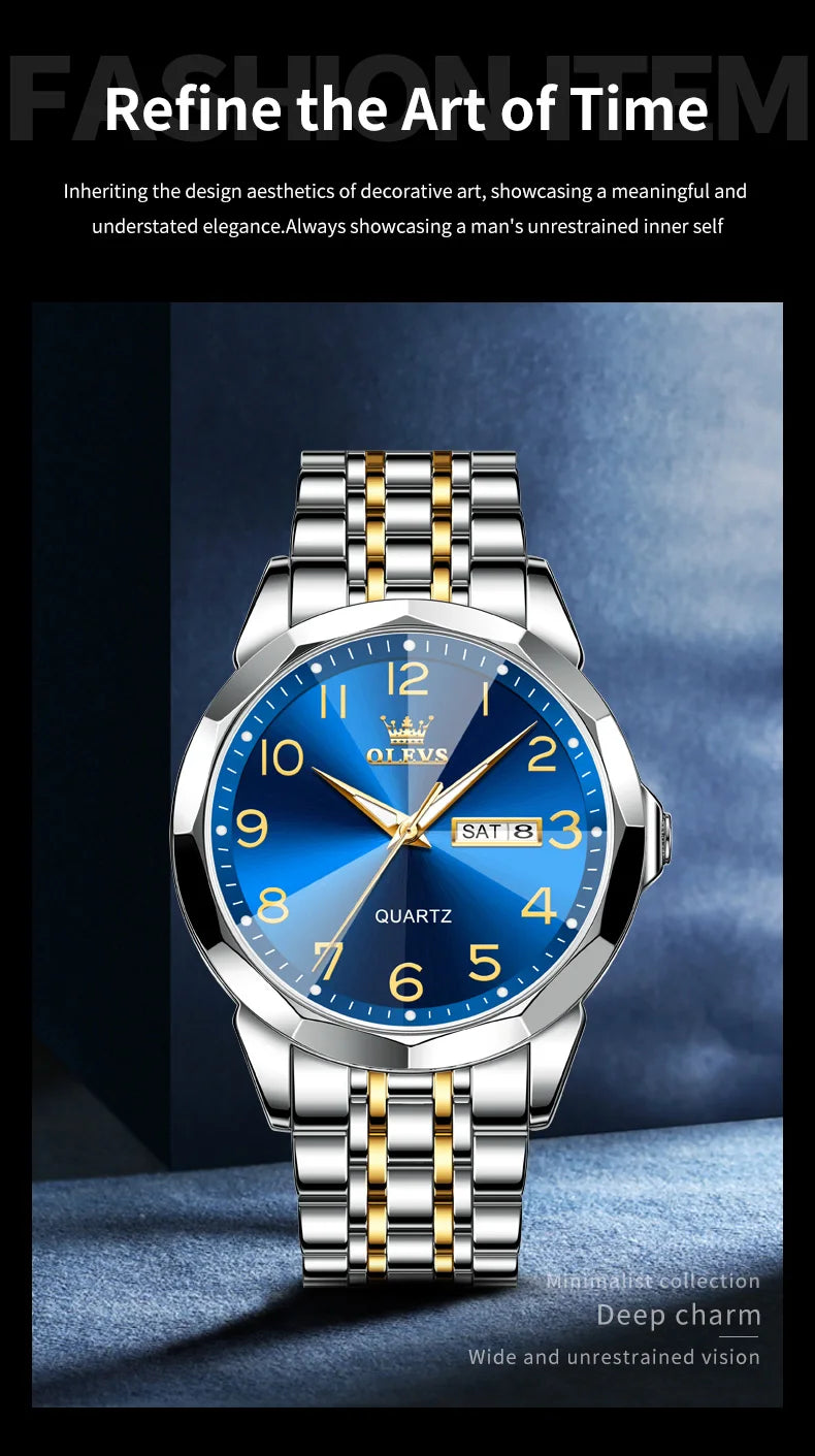 OLEVS Men's Watches Rhombus Mirror Original Quartz Watch for Man Waterproof Luminous Stainless Steel Wristwatch Male Date Week